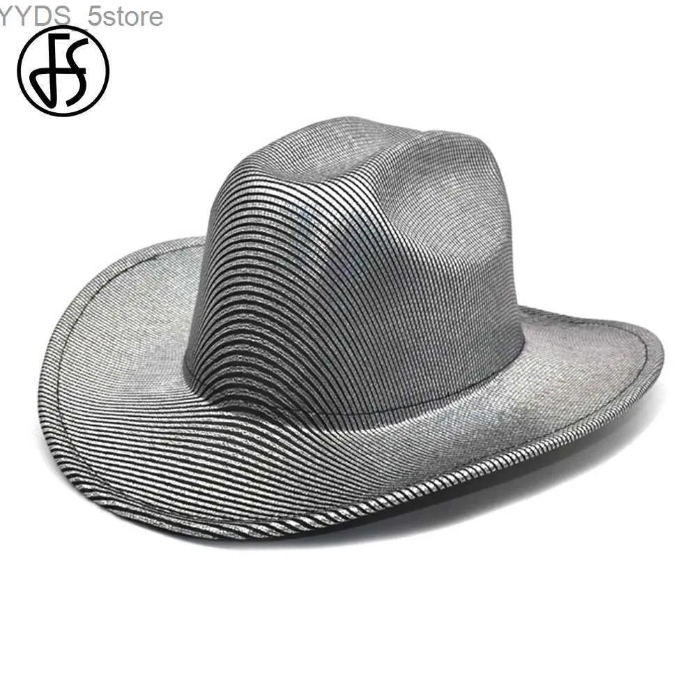 Szerokie brzegi czapki wiadra czapki fS fs fluorescencyjny srebrny szerokie grzbiet fedora najlepsze czapki dla kobiet eleganckie zwykłe mężczyzn Jazz Hat Summer Sunshade American Western Cowboy Cap YQ231116