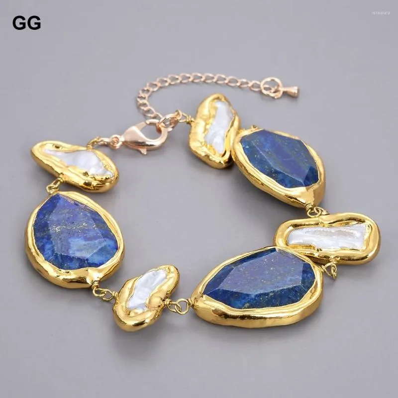 Strand GuaiGuai Schmuck Naturstein Blau Lapis Lünette Set Weiß Biwa Perle Vergoldet Armband 20,3 cm