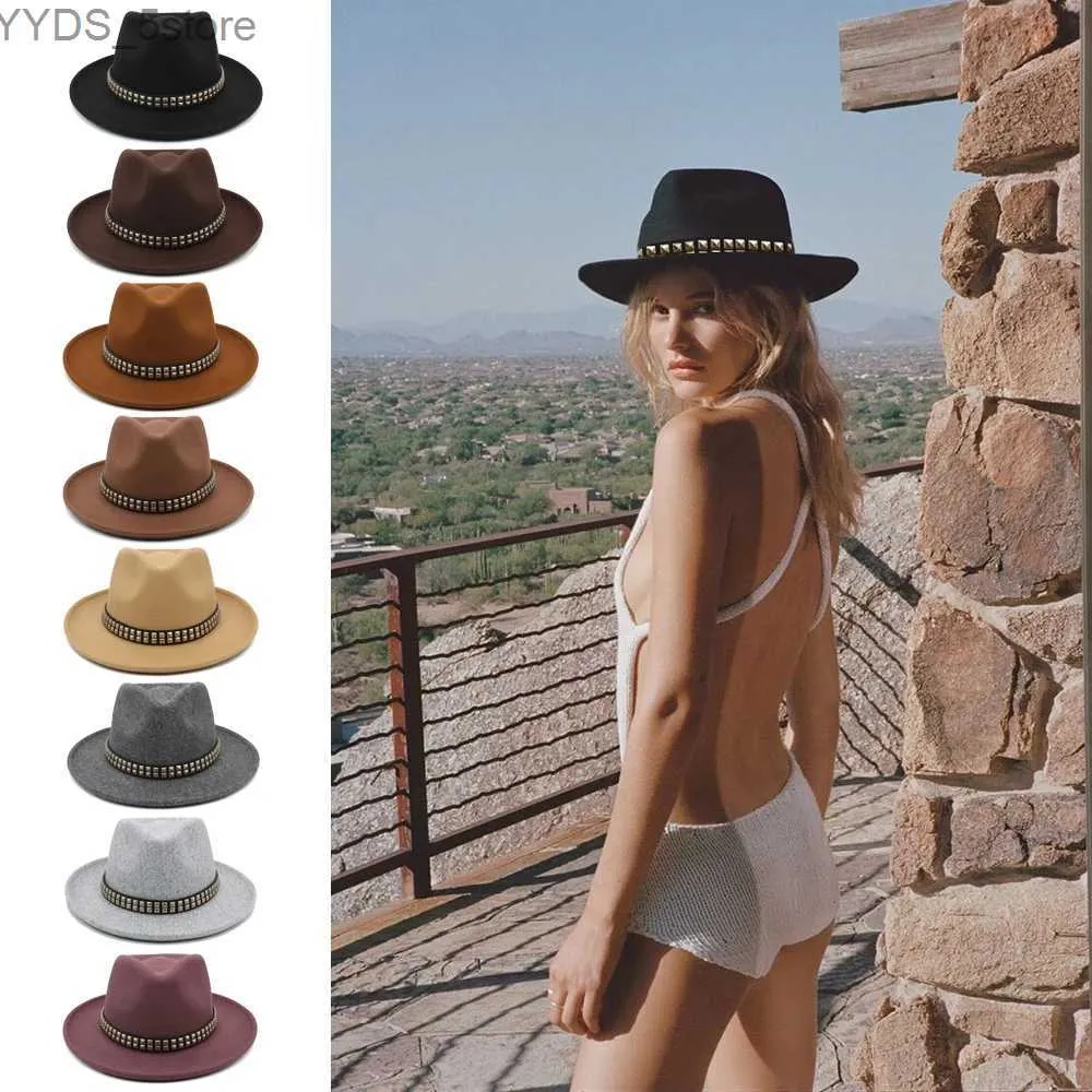 Cappelli a tesa larga Cappelli a secchiello Uomo Donna Cappelli Panama in lana Cappello a tesa larga Cappellino Fedora in lana Trilby Jazz Travel Party Street Style Taglia USA 7 1/8-7 3/8 UK M-L YQ231116