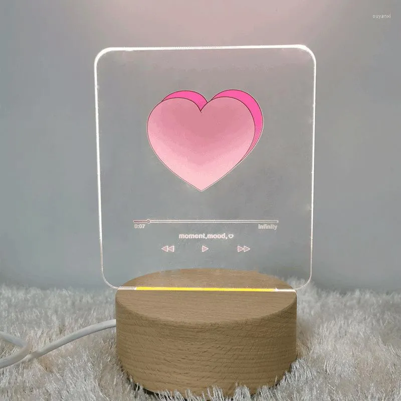 Tafellampen ins Red Heart Player 3d Light Creative Korea Slaapkamer Acryl USB Lamp Valentijnsdag Evenement Geschenk houten basisavond