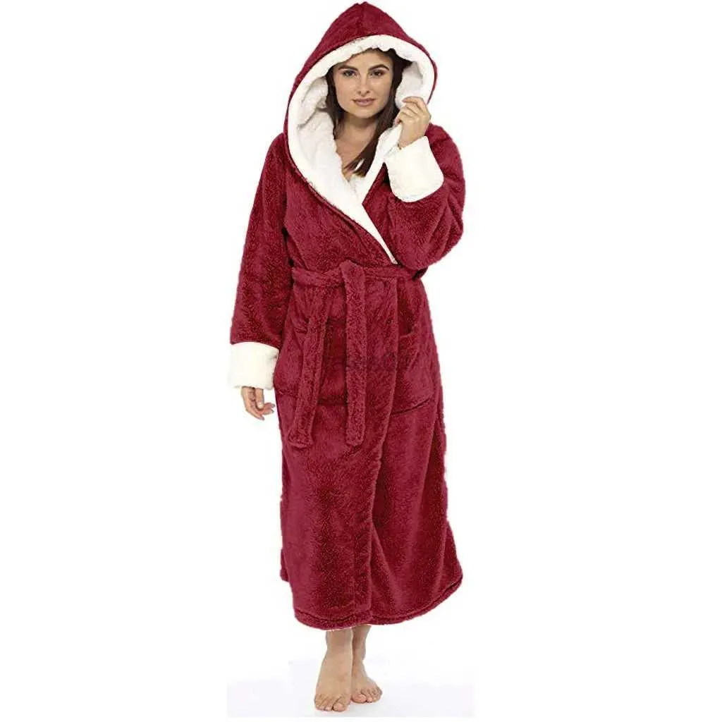 Kvinnors sömn lounge kvinnors vinter plysch varmt förtjockad extra lång nattklänning huva shl badrock hemkläder långärmad badrockjacka bata zln231116