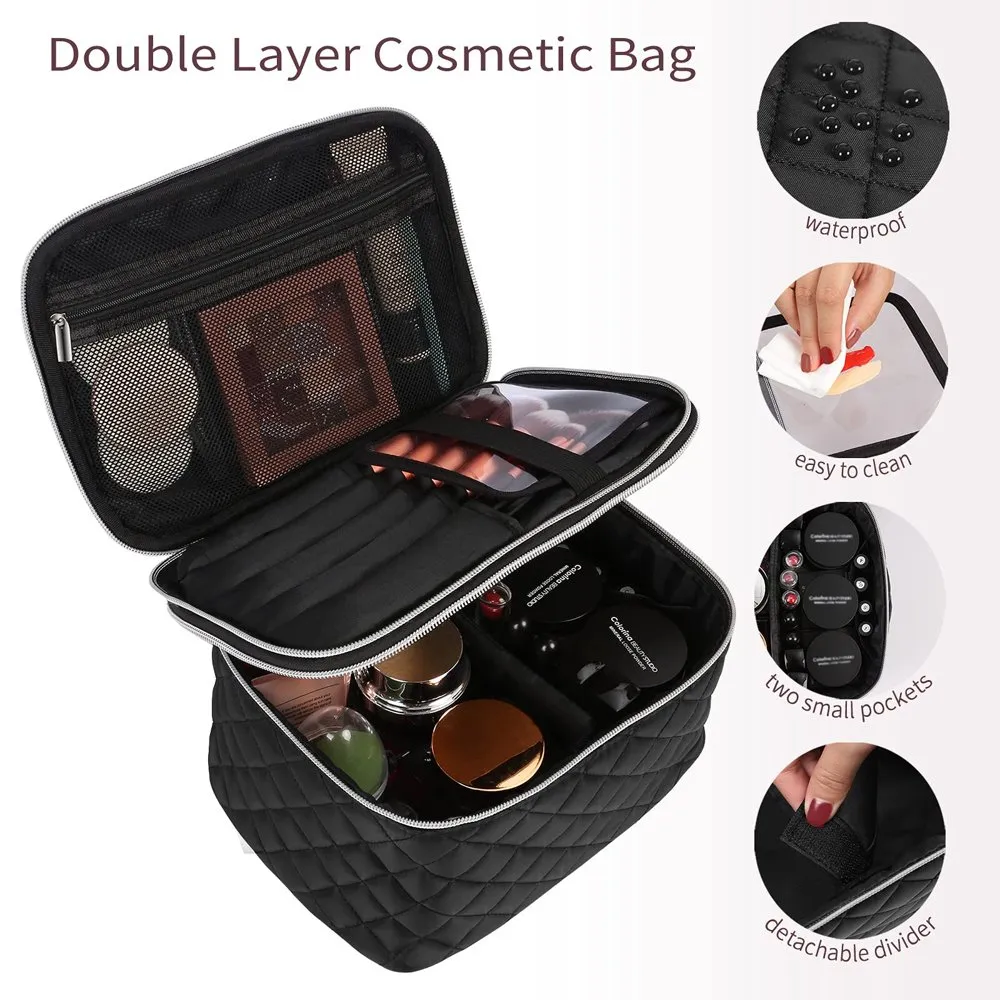 Double Layer reismake -uptas Cosmetic Bag Organizer met borstelcompartiment zwart