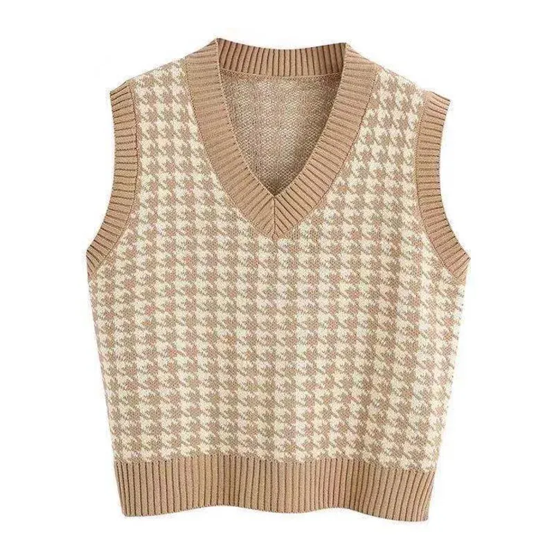 Damesvesten Mouwloos Geometrisch Houndstooth-sweater Dames V-hals Trui Casual Gebreid Herfst Winter Zoete trui Koreaanse gebreide kleding 231116