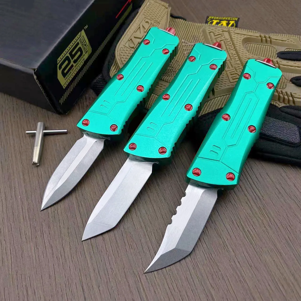 Specialerbjudande avancerad Green Mt UT Auto Tactical Knife D2 Stone Wash Blade CNC 6061-T6 Handtag EDC Gift Knives med nylonpåse