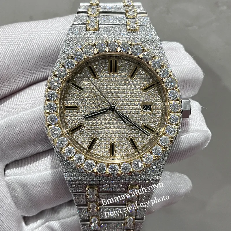 2023 Luxury VVS Moissanite Iced Out Watch Automatic ETA Movement Two Tone Yellow Gold Silver