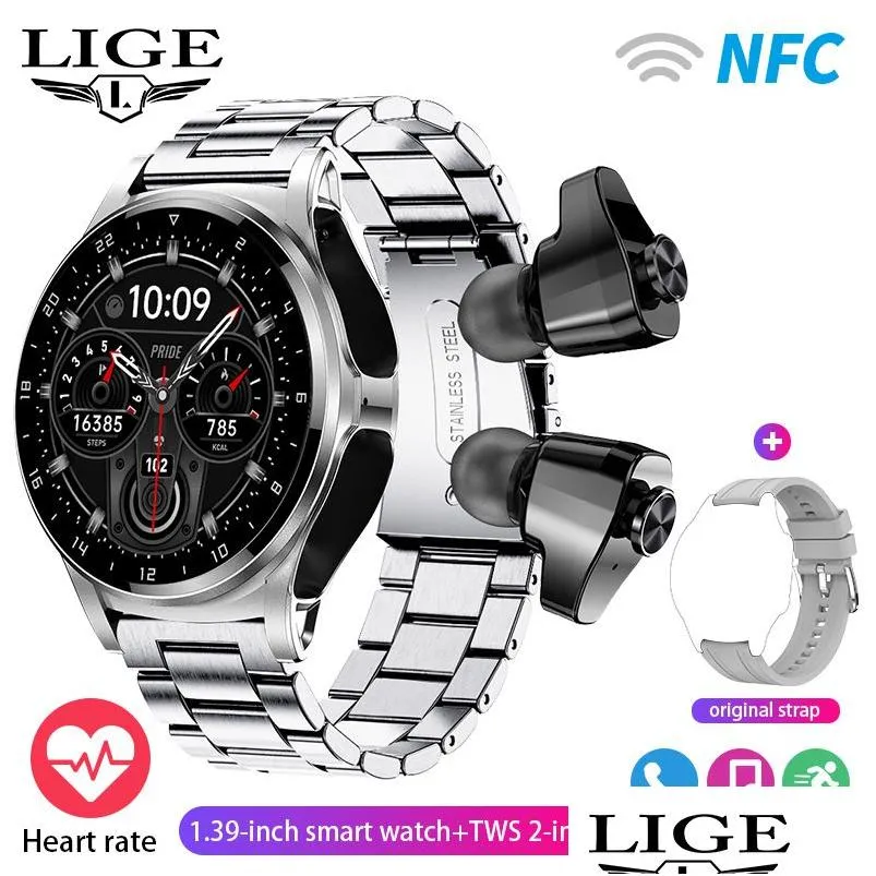 Smartwatches Newst Lige NFC Smartwatch Tws Bluetooth Headset Zwei-in-Eins 1,39 HD-Display IP67 Wasserdichter Herzfrequenzmesser Männliche Sportarten Dhyhl