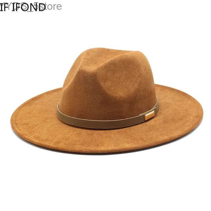 Cappelli a tesa larga Cappelli a secchiello Cappelli stile Fedora in feltro a tesa larga in pelle scamosciata vintage Donna Uomo Cappello da cowboy occidentale Panama Trilby Cappellino da festa formale YQ231116