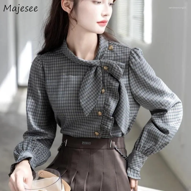Women's Blouses Scarf Collar Shirts Women Preppy Style Vintage Plaid Ulzzang Gentle Literary Spring Autumn Crop Tops Harajuku Aesthetic