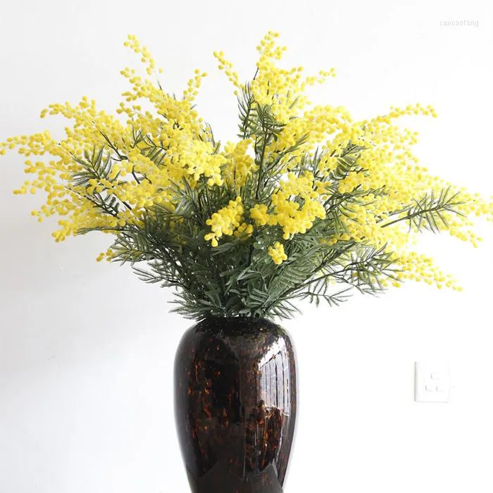 Fleurs décoratives 80CM Faux Jaune Floqué Fleurs De Cerisier Mimosa Pudica Acacia Bouquet Fleur Artificielle Maison Décoration De Mariage