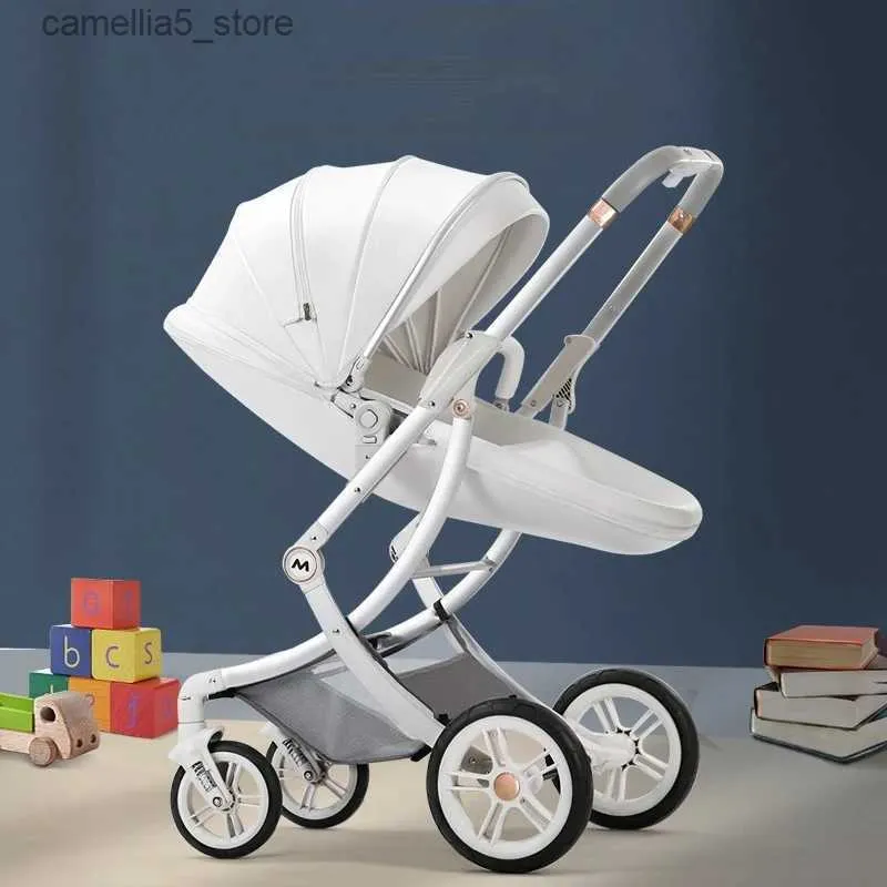 Poussettes # Nouvelle poussette de bébé de luxe peut s'asseoir et s'allonger poussette pliante bidirectionnelle nouveau-né bébé poussette blanc coquille d'oeuf en cuir PU landau Q231116