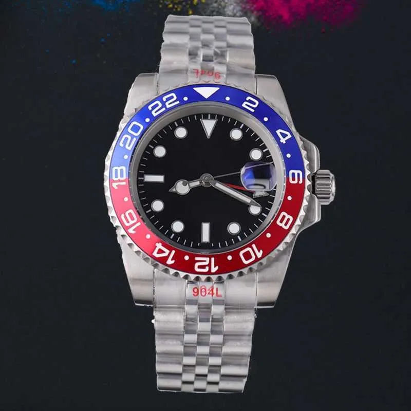 Часы Rolaxs Gmt Pepsi Premium, 40 мм, механизм 8215, нержавеющая сталь, красный, синий, керамика, сапфировое стекло, суперсветящаяся водонепроницаемость, Montre De Luxury Fashion 50VL