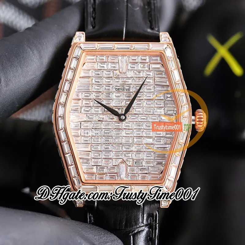 TWF Malte asfalterade Baguette Diamonds Dial A21J Automatisk herrklocka Rose Gold Iced Out Baguette Cut Diamond Bezel Black Leather Strap Jewelry TrustyTime001Watches