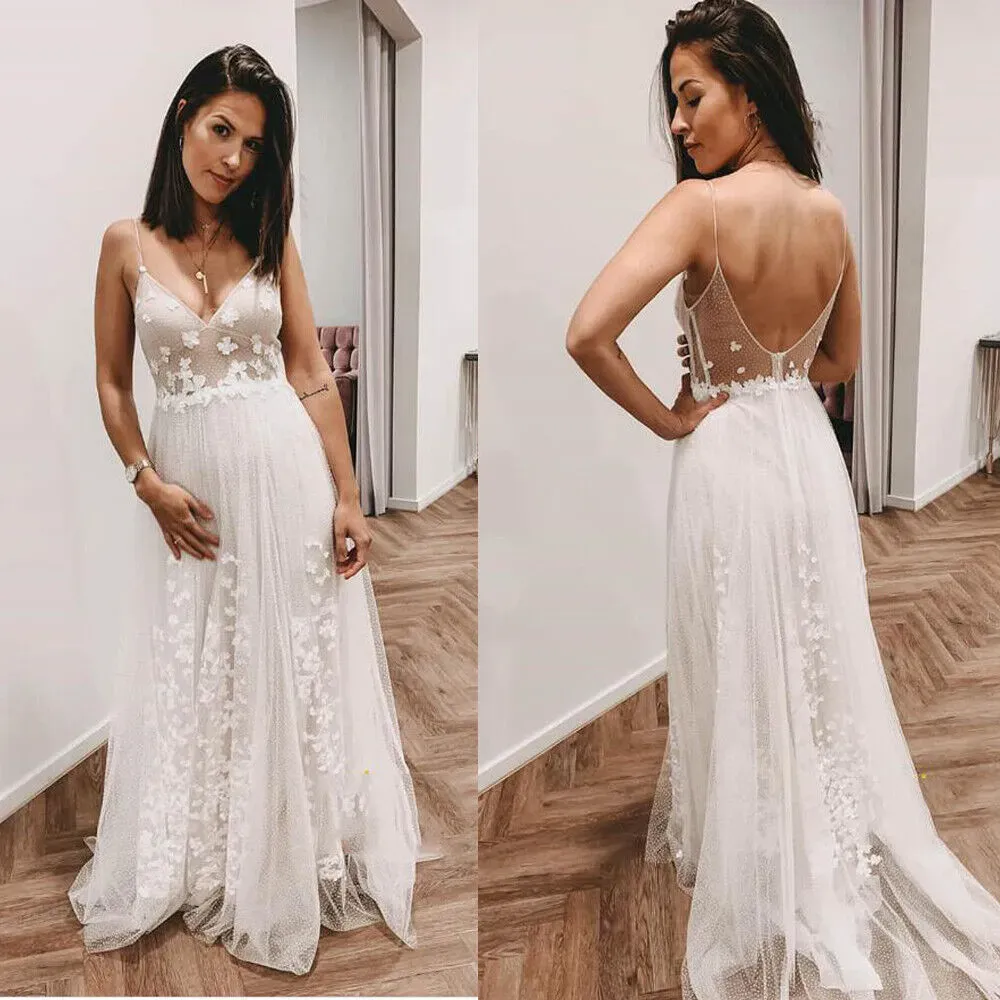 Boho 2023 Wedding Gorgeous Dresses Abito da sposa Abito da sposa Sexy Spaghetti Tulle senza maniche A Applique in pizzo Custom Plus size Country Beach Vestitido de novi Pplique