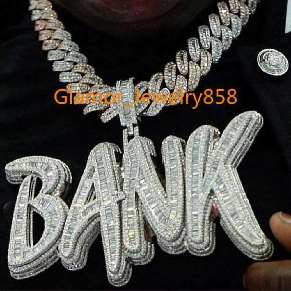 Bank Customized Hip Hop S Sier Baguette Vvs Moissanite Iced Diamond Necklace Pendant