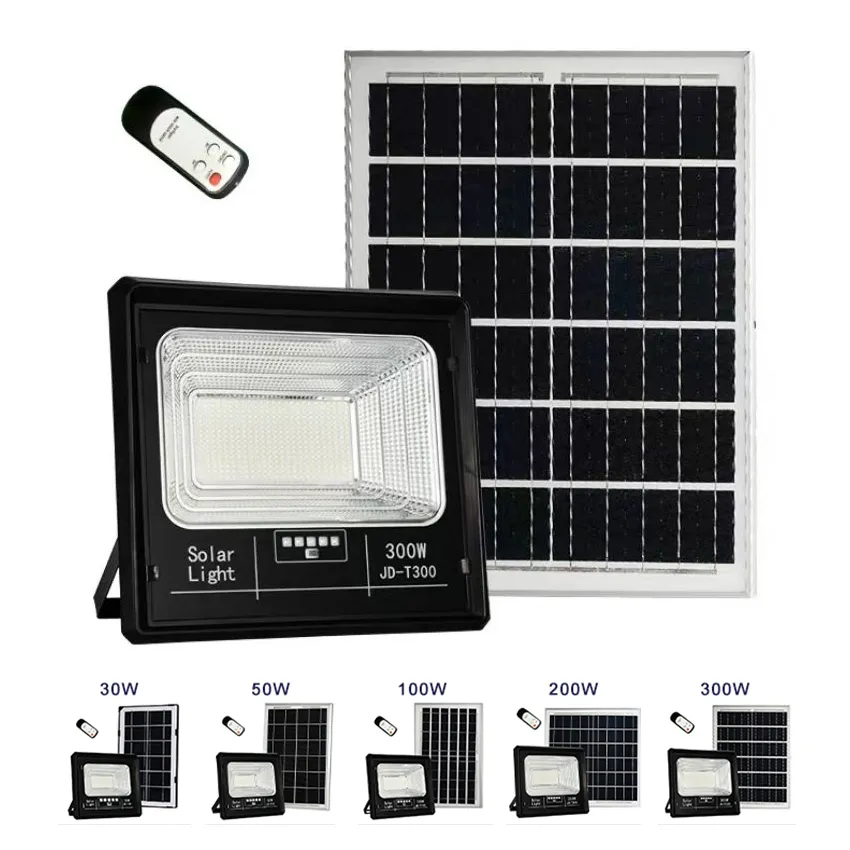 30W 50W 100W 200W 300W LED Luzes de inundação solares ao ar livre IP67 à prova d'água com controle remoto Iluminação de segurança Luz solar para jardim