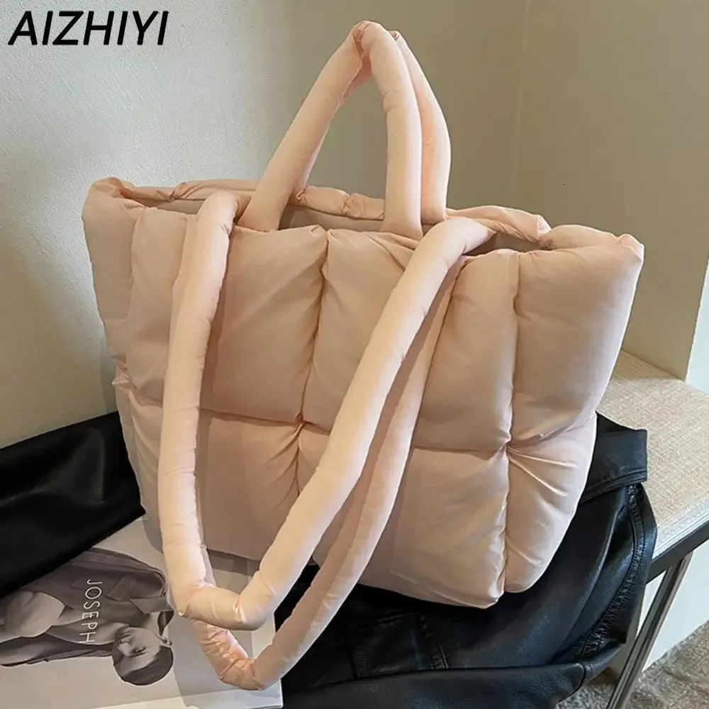Quilted Puffer Tote Bag For Women Cotton Down Padded Canvas