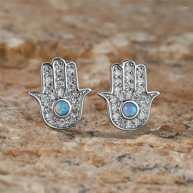 Ohrstecker Blauer Opal Kleiner runder Stein Weißer Zirkon Handfläche Antik Gold Silber Farbe Boho Für Frauen Geschenk