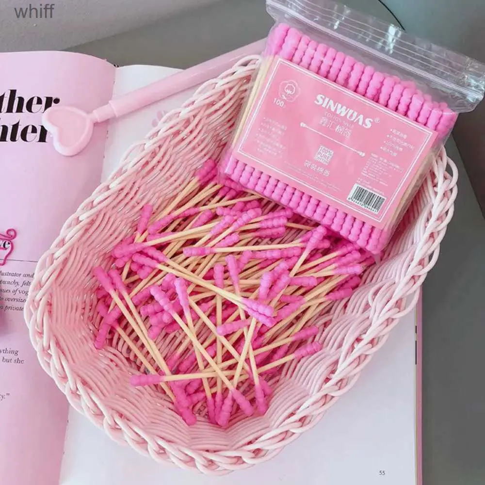 Wattestäbchen, 100 Stück/Packung, rosa Doppelkopf-Wattestäbchen, Make-up-Entferner für Frauen, Wattestäbchen-Spitze für die medizinische Reinigung von Nase und Ohren. L231117