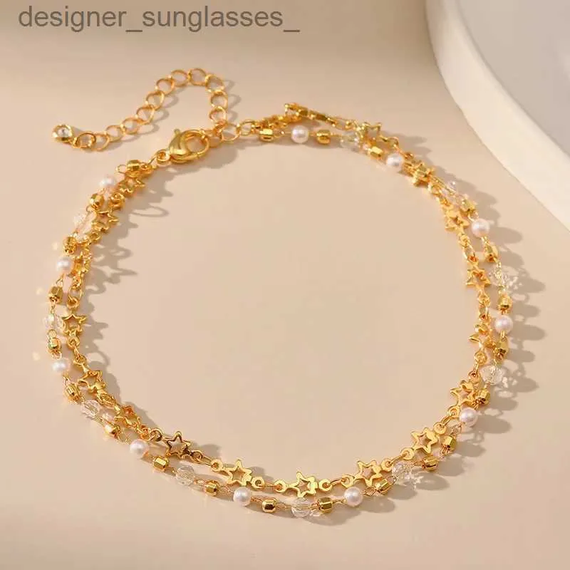 Anklets 18k Gold Plated Five Pointed Star Double Chain Women Anklets Dreamy Transparent Crystal Beads Anklet with White Beads JewelryL231116