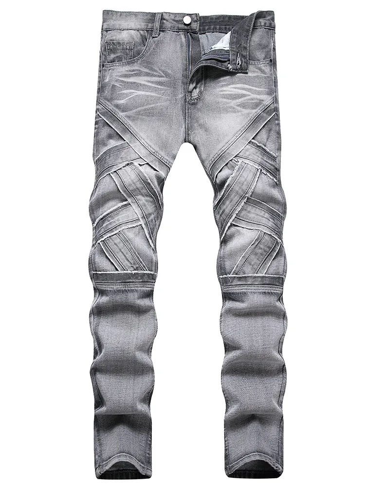 Pantalones vaqueros de motociclista con costura gris claro para hombre, pantalones rectos ajustados para motocicleta, ropa de calle informal de cintura media para primavera y otoño 28-40