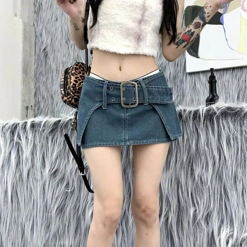 Röcke Hsa Sommer Vintage Mini Denim Gürtel Design A-Linie Jeans Casual Lose Hohe Taille Kurzen Rock Koreanische Mode Kleidung