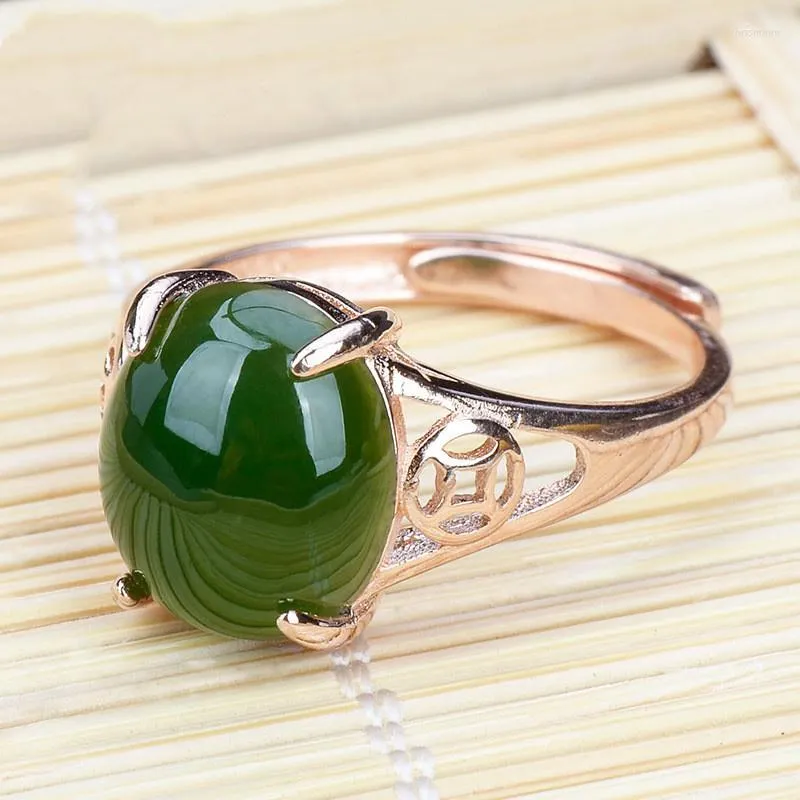 Cluster Rings Selling / Hand-carve Hetian Jasper Ring Green S925 Silver Adjustable Diameter Fashion Accessories Men Women Luck Gifts