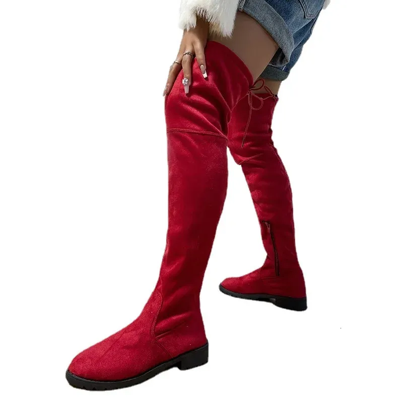Boots mode mocka kvinnor över knähög hälen boot vinter hög jul röd sexig fest damer sko varma botas de mujer 231116