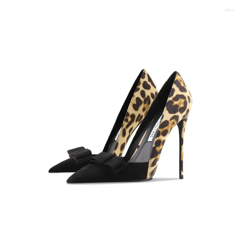 Dress Shoes Genuine Leather Leopard High Heels Flock Women Fashion Shallow Pumps 2023 Design Of