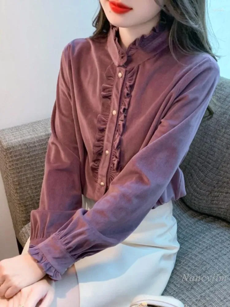 Blouses pour femmes Col à volants Chemise en velours côtelé violet Automne et hiver Maillot de corps 2023 High Sense Dames Sous-vêtements Haut à manches longues