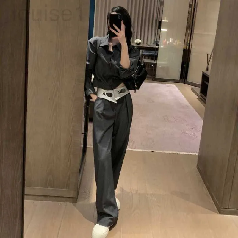 Women's Two Piece Pants designer Mi * 23ss Autumn New Casual Suit Long Sleeve Coat Top Women+High Waist Contrast Straight Leg Set FLPS