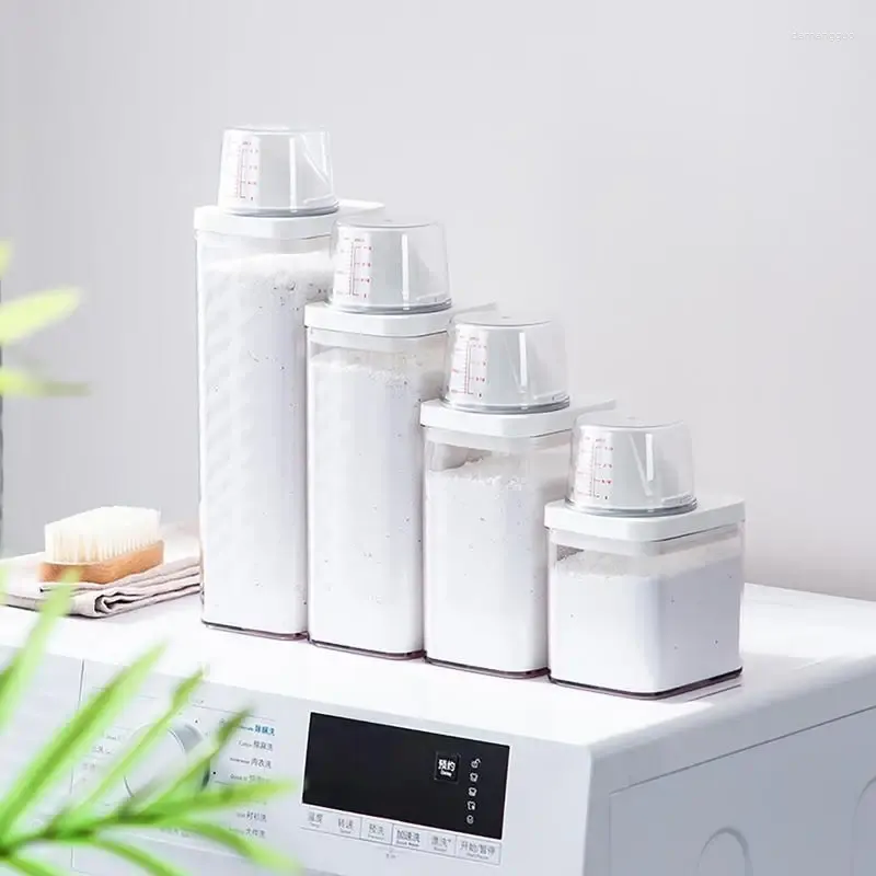 Förvaringsflaskor Tvättpulverbehållare Rengöring Tillbehör Förpackning av plastrengöringsmedel med mätkopp
