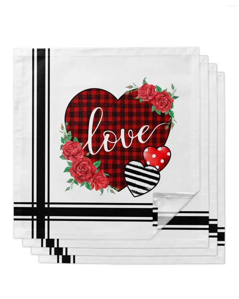 Table Napkin 4pcs Valentine'S Day Lattice Love Roses Square 50cm Wedding Decoration Cloth Kitchen Dinner Serving Napkins