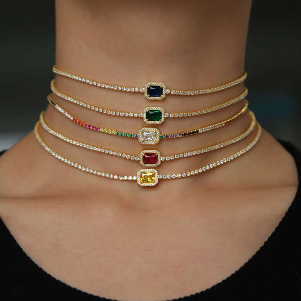 Rainbow CZ 32+8cm Choker Halsband för Lady Women Trendy Jewelry Delicate Thin Tennis Chain Birthstone Diamond Fashion