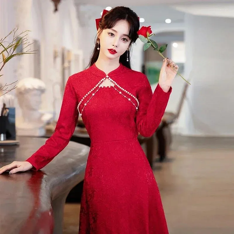 Abbigliamento etnico 4XL 2023 High Gear Anno Stile cinese Qipao Abito asiatico moderno per le donne Manica lunga Cheongsam Abiti da sera