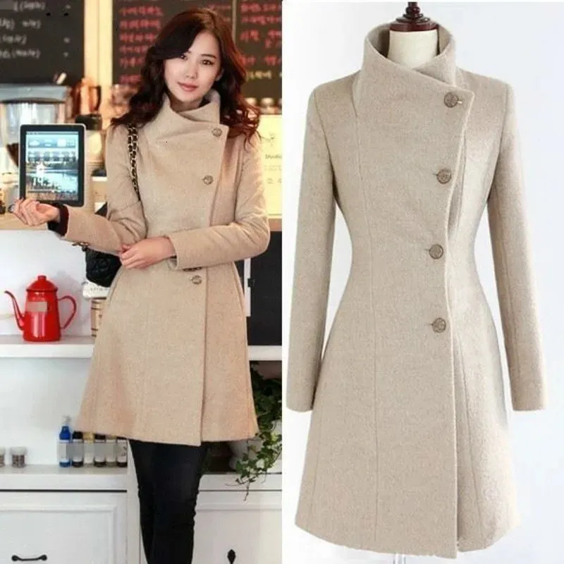 Women's Wool Blends Women Fashion Lapel Wool Coat Ladies Autumn Winter Manteau Femme Overcoat Cotton Mixing High Quality Long Slim Coats 231116