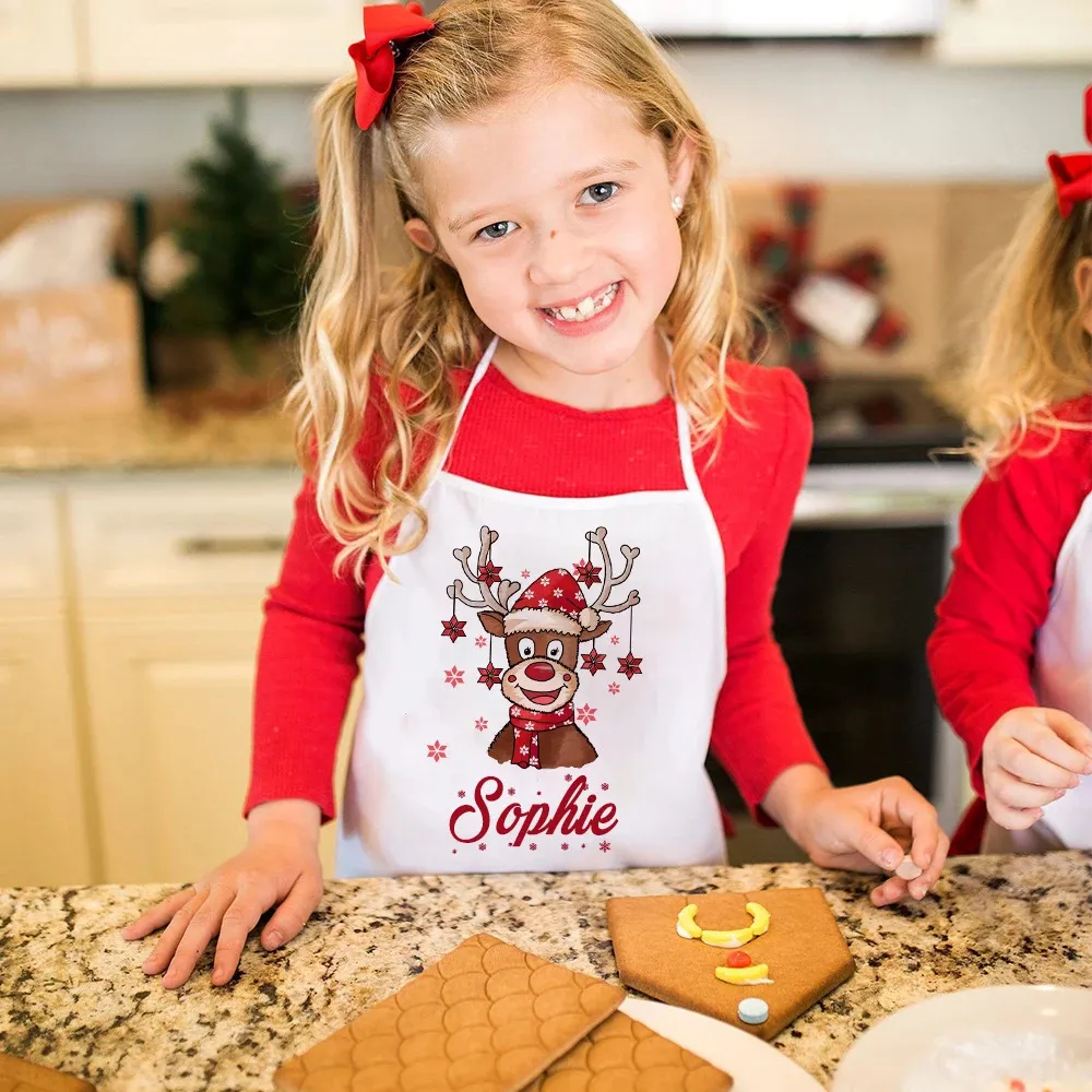 Фартуки, персонализированные рождественские фартуки с оленями, детский фартук для приготовления пищи, выпечки, индивидуальное имя, детские рождественские подарки для детей 231116
