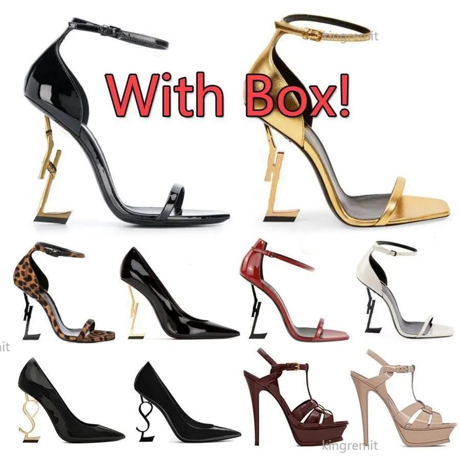 Med Box Designer YS Sandal High Heel Designer Sandaler Opyum Stiletto Heels Metal Letters Sandal Women Leather Dress Shoes Black Bright Bandage Wrap Yslity T5FC