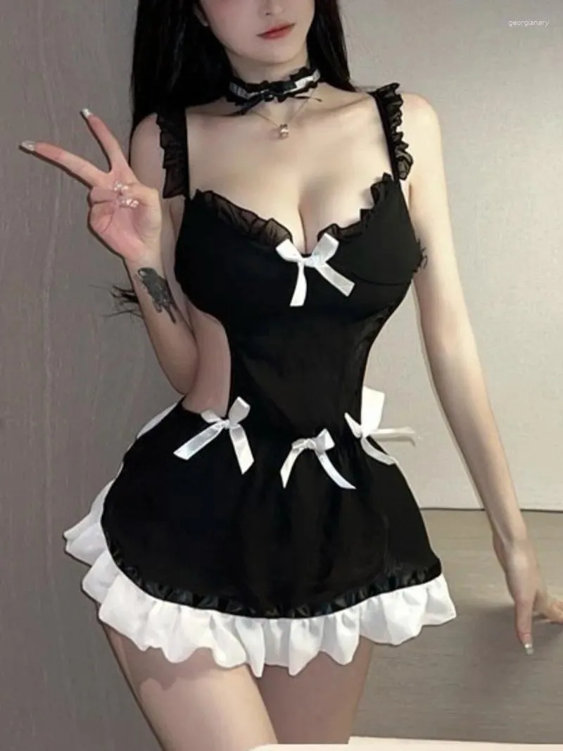 Casual Dresses Neck Sexy Maid V Mini Dress Sweet Korean Women Tops 2023 Lingerie Uniform Women's Elegant XK8J