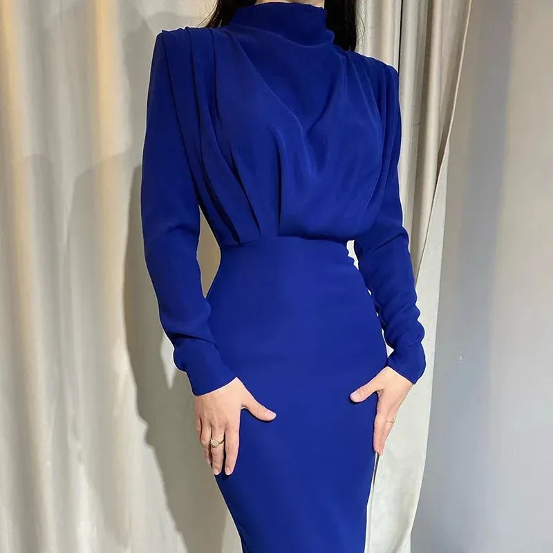 Vestidos casuais básicos 2023 outono inverno sólido azul maxi para mulheres gola alta manga longa bandagem hip slim escritório senhora vestido de festa queda vestes 231116