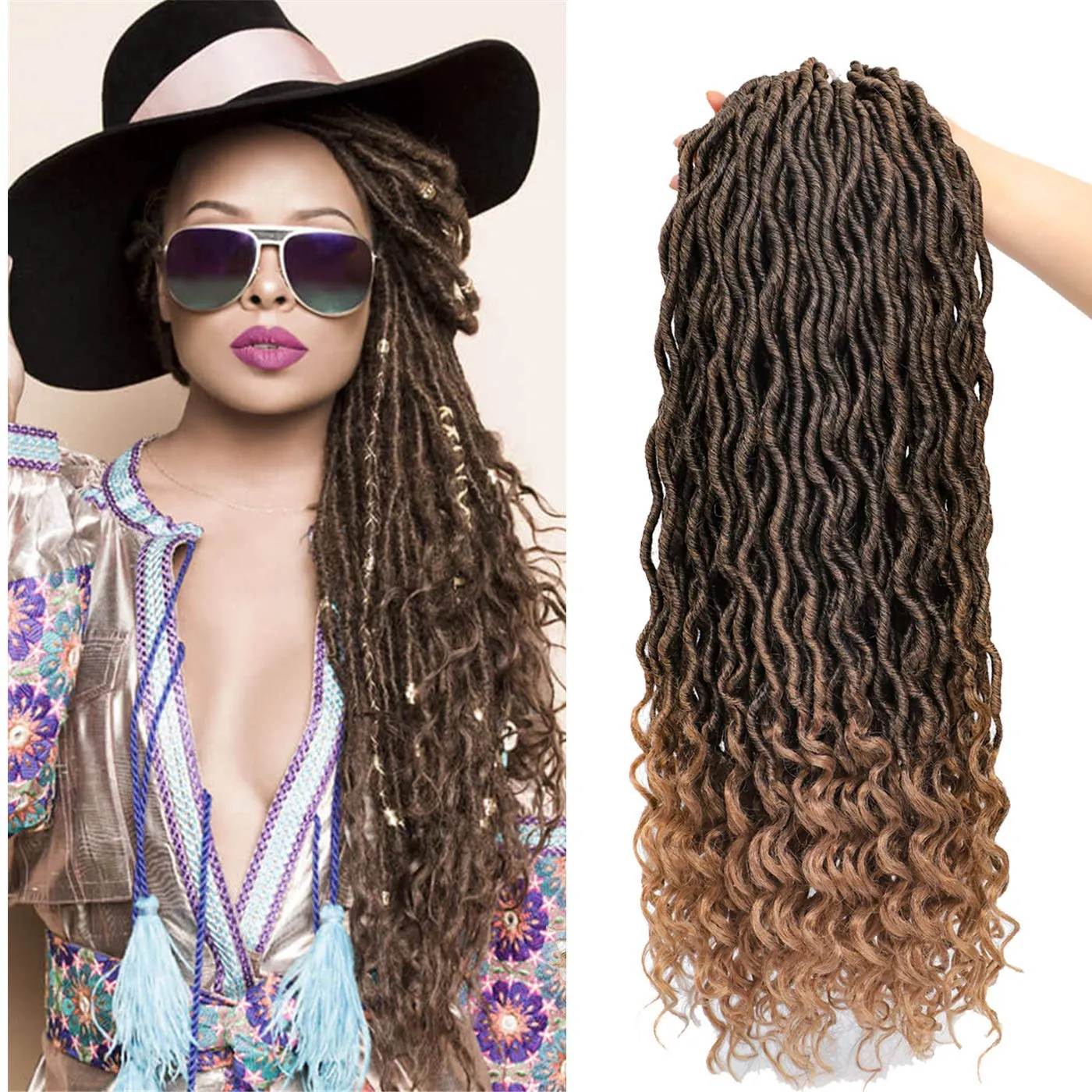 Capelli ricci finti all'uncinetto Capelli intrecciati a onda profonda con estremità ricci Crochet Goddess Locs Trecce sintetiche Estensioni dei capelli