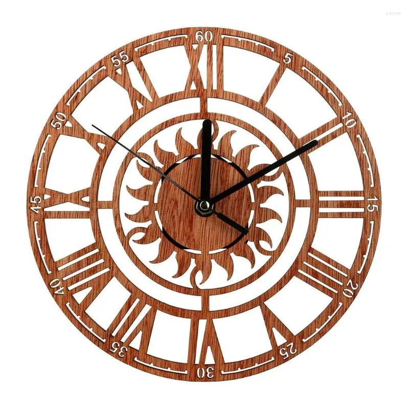 Wall Clocks Sun Shaped Round Roman Numeral Wood Clock Home Office Shop Decorative Wooden Hanging