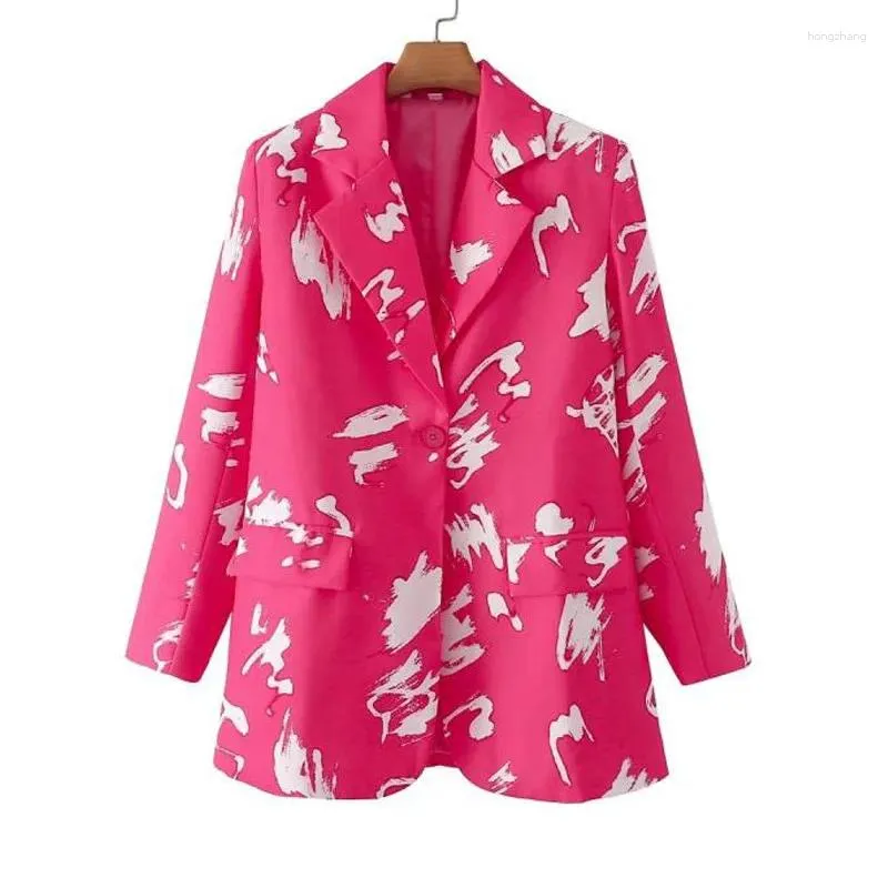 Ternos femininos primavera coreano solto rosa vermelho impresso senhoras curto terno jaqueta gola entalhada manga longa único breasted feminino blazers casaco