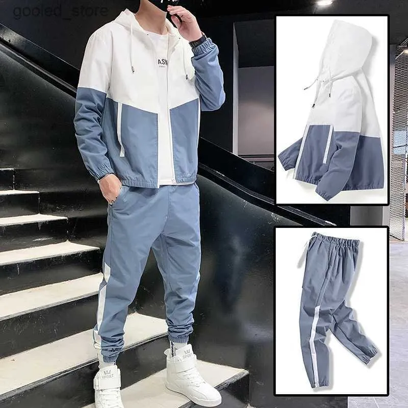 Herrspårar Män Tracksuit Casual Joggers Hooded Sportswear Jackets and Pants 2 Piece Set Hip Hop Running Sports Suit Mänkläder Q231117