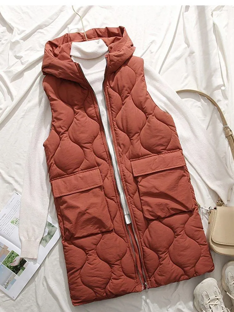 Gilets pour femmes 2023 automne hiver Long paragraphe sur le genou à capuche coton gilet femme mince sans manches vers le bas femmes gilet