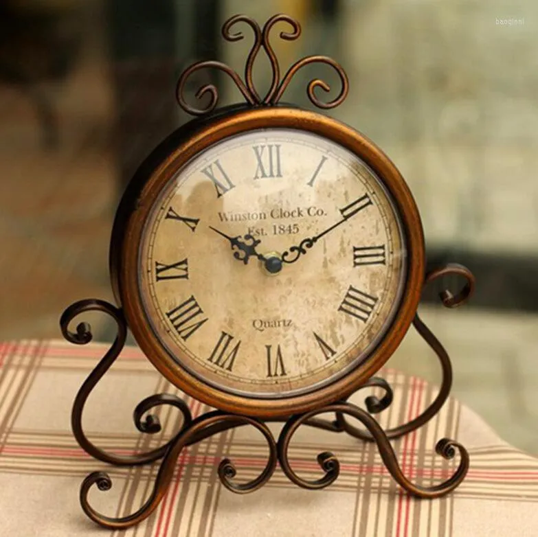 Horloges de Table Européenne Vintage Fer Forgé Silencieux Métal Décoratif Montre Bureau Ferme Goutte