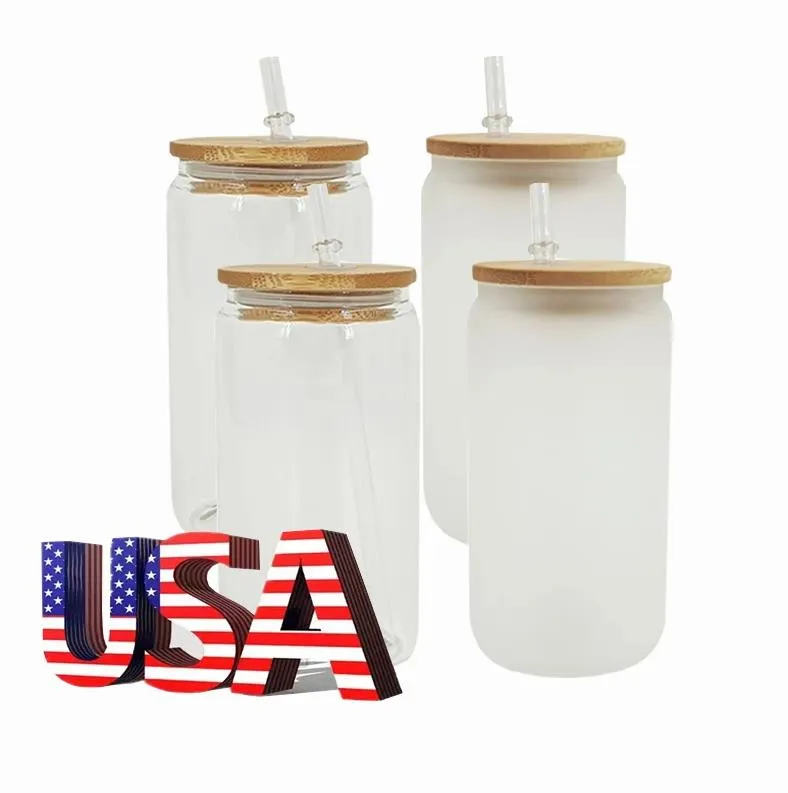 USA Lokaal Magazijn 16oz Glazen Waterflessen DIY Sublimatie Blanks Blikjes Vormige Bierbekers met Tuimelaars Bamboe Deksel en Stro voor Iced Coffee Soda 0416