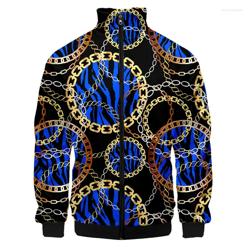 Giacche da uomo Luxury Blue Chain Zebra 3D Jacket Uomo / Women's Harajuku Hip Hop Felpe con cappuccio Casual Stand Collar Boy's Zipper Sweatshirt