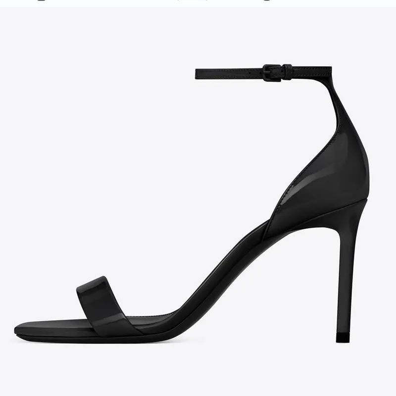 Fashion Women Sandals AMBER 85 mm Pumps Italy Delicate Black Nude Patent Leather Peep Toes Clare Sling Button Design Summer Evening Dress Sandal High Heels Box EU 35-43