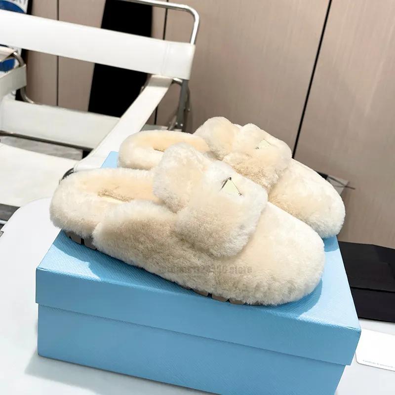 Designer slippers ladies monolith triangle logo wool slides winter luxury round head fur fluffy warm sandals comfort slipper