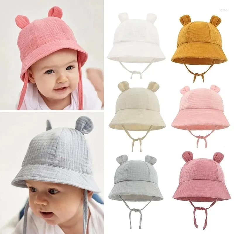 Berets Tie Rope Soft Cotton Bonnet Baby Sun Hat With Ears Solid Color Boys Girls Bucket Summer Kids Toddler Beanies Cap